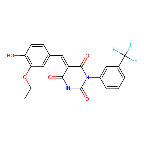 (E)-5-(3-ethoxy-4-hydroxybenzylidene)-1-(3-(trifluoromethyl)phenyl)pyrimidine-2,4,6(1H,3H,5H)-trione structure