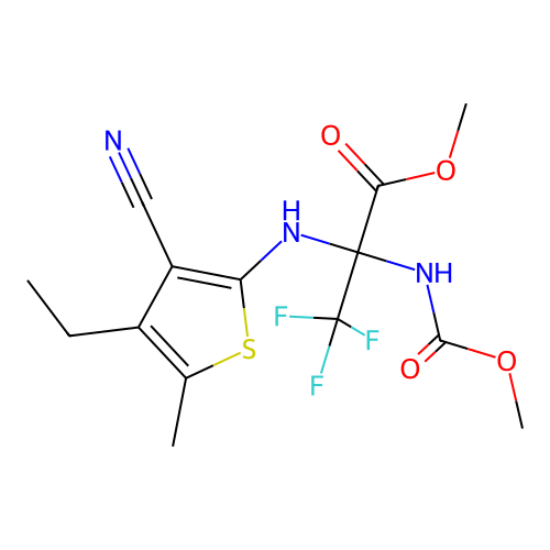 methyl N-(3-cyano-4-ethyl-5-methylthiophen-2-yl)-3,3,3-trifluoro-2-[(methoxycarbonyl)amino]alaninate structure