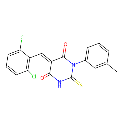(E)-5-(2,6-dichlorobenzylidene)-2-thioxo-1-(m-tolyl)dihydropyrimidine-4,6(1H,5H)-dione structure