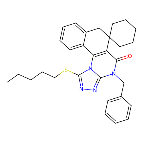 4-benzyl-1-(pentylsulfanyl)-4H-spiro[benzo[h][1,2,4]triazolo[4,3-a]quinazoline-6,1'-cyclohexan]-5(7H)-one structure