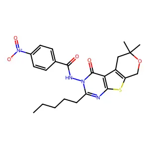 N-(6,6-dimethyl-4-oxo-2-pentyl-4,5,6,8-tetrahydro-3H-pyrano[4',3':4,5]thieno[2,3-d]pyrimidin-3-yl)-4-nitrobenzamide structure