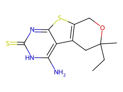 4-amino-6-ethyl-6-methyl-5,8-dihydro-6H-pyrano[4',3':4,5]thieno[2,3-d]pyrimidine-2-thiol structure