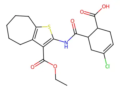 4-chloro-6-[(3-ethoxycarbonyl-5,6,7,8-tetrahydro-4H-cyclohepta[b]thiophen-2-yl)carbamoyl]cyclohex-3-ene-1-carboxylic acid structure