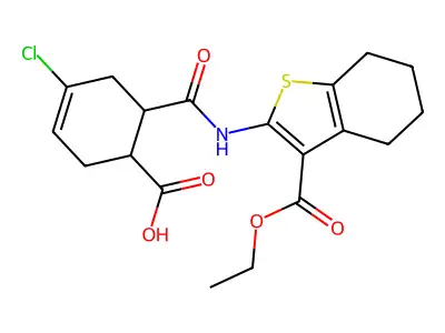 4-chloro-6-((3-(ethoxycarbonyl)-4,5,6,7-tetrahydrobenzo[b]thiophen-2-yl)carbamoyl)cyclohex-3-enecarboxylic acid structure