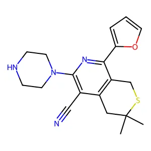 8-(furan-2-yl)-3,3-dimethyl-6-(piperazin-1-yl)-3,4-dihydro-1H-thiopyrano[3,4-c]pyridine-5-carbonitrile structure