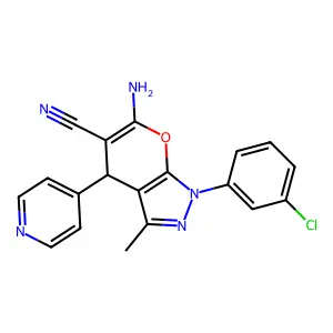 6-amino-1-(3-chlorophenyl)-3-methyl-4-pyridin-4-yl-4H-pyrano[2,3-c]pyrazole-5-carbonitrile structure
