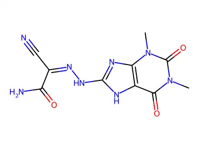 (1Z)-2-amino-N-[(1,3-dimethyl-2,6-dioxo-7H-purin-8-yl)amino]-2-oxoethanimidoyl cyanide structure