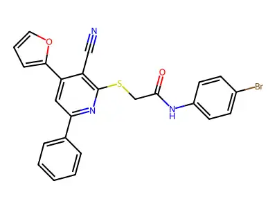 N-(4-bromophenyl)-2-{[3-cyano-4-(furan-2-yl)-6-phenylpyridin-2-yl]sulfanyl}acetamide structure