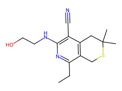 8-ethyl-6-(2-hydroxyethylamino)-3,3-dimethyl-1,4-dihydrothiopyrano[3,4-c]pyridine-5-carbonitrile structure