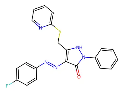 (4E)-4-[(4-fluorophenyl)hydrazinylidene]-2-phenyl-5-(pyridin-2-ylsulfanylmethyl)pyrazol-3-one structure