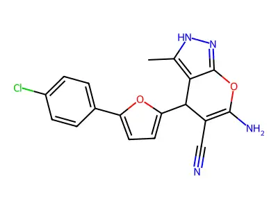 6-amino-4-[5-(4-chlorophenyl)-2-furyl]-3-methyl-1,4-dihydropyrano[2,3-c]pyrazole-5-carbonitrile structure