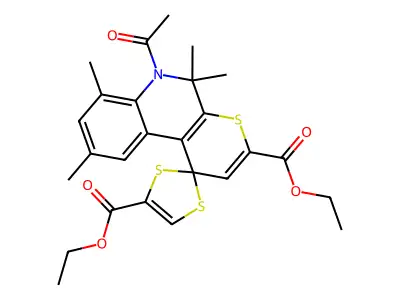 diethyl 6'-acetyl-5',5',7',9'-tetramethyl-5',6'-dihydrospiro[1,3-dithiole-2,1'-thiopyrano[2,3-c]quinoline]-3',4-dicarboxylate structure