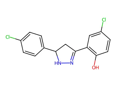 4-chloro-2-[5-(4-chlorophenyl)-4,5-dihydro-1H-pyrazol-3-yl]phenol structure