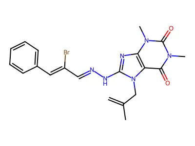 8-[2-(2-bromo-3-phenylprop-2-enylidene)hydrazinyl]-1,3-dimethyl-7-(2-methylprop-2-enyl)purine-2,6-dione structure