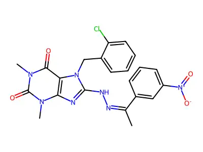 7-(2-chlorobenzyl)-1,3-dimethyl-8-{(2Z)-2-[1-(3-nitrophenyl)ethylidene]hydrazinyl}-3,7-dihydro-1H-purine-2,6-dione structure