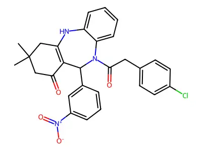 10-[(4-chlorophenyl)acetyl]-11-{3-nitrophenyl}-3,3-dimethyl-2,3,4,5,10,11-hexahydro-1H-dibenzo[b,e][1,4]diazepin-1-one structure