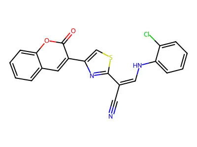 (E)-3-((2-chlorophenyl)amino)-2-(4-(2-oxo-2H-chromen-3-yl)thiazol-2-yl)acrylonitrile structure
