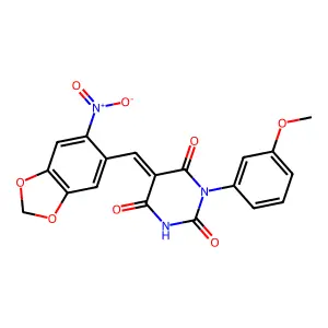 (5Z)-1-(3-methoxyphenyl)-5-[(6-nitro-1,3-benzodioxol-5-yl)methylidene]-1,3-diazinane-2,4,6-trione structure
