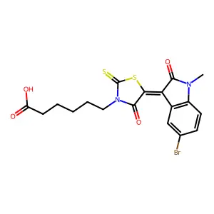 6-[(5Z)-5-(5-bromo-1-methyl-2-oxo-1,2-dihydro-3H-indol-3-ylidene)-4-oxo-2-thioxo-1,3-thiazolidin-3-yl]hexanoic acid structure