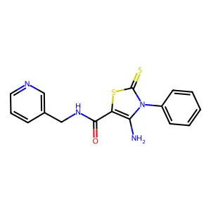 4-amino-3-phenyl-N-(pyridin-3-ylmethyl)-2-sulfanylidene-1,3-thiazole-5-carboxamide structure