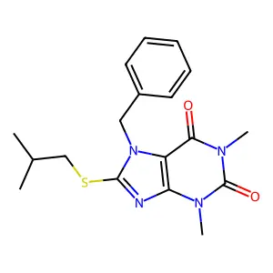 7-benzyl-8-(isobutylthio)-1,3-dimethyl-3,7-dihydro-1H-purine-2,6-dione structure