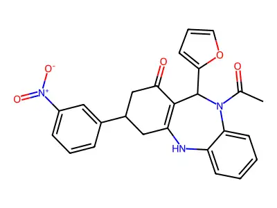 5-acetyl-6-(furan-2-yl)-9-(3-nitrophenyl)-8,9,10,11-tetrahydro-6H-benzo[b][1,4]benzodiazepin-7-one structure