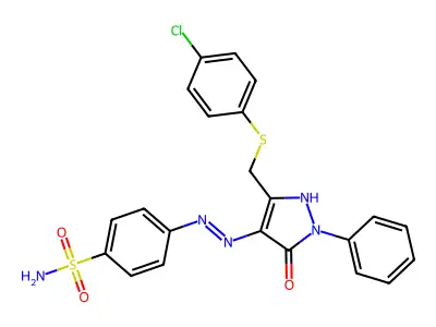 4-[(2Z)-2-(3-{[(4-chlorophenyl)sulfanyl]methyl}-5-oxo-1-phenyl-1,5-dihydro-4H-pyrazol-4-ylidene)hydrazinyl]benzenesulfonamide structure