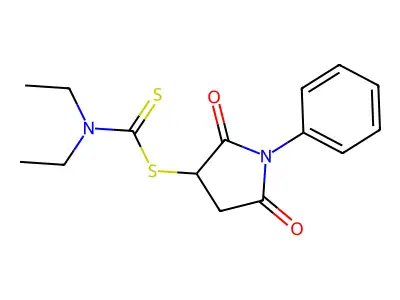 2,5-Dioxo-1-phenylpyrrolidin-3-yl diethylcarbamodithioate structure