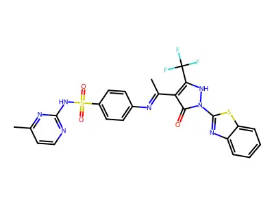 (E)-4-((1-(1-(benzo[d]thiazol-2-yl)-5-oxo-3-(trifluoromethyl)-1H-pyrazol-4(5H)-ylidene)ethyl)amino)-N-(4-methylpyrimidin-2-yl)benzenesulfonamide structure