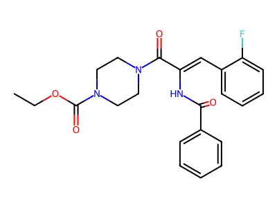 (Z)-ethyl 4-(2-benzamido-3-(2-fluorophenyl)acryloyl)piperazine-1-carboxylate structure