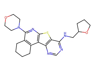 5-(morpholin-4-yl)-N-(tetrahydrofuran-2-ylmethyl)-1,2,3,4-tetrahydropyrimido[4',5':4,5]thieno[2,3-c]isoquinolin-8-amine structure