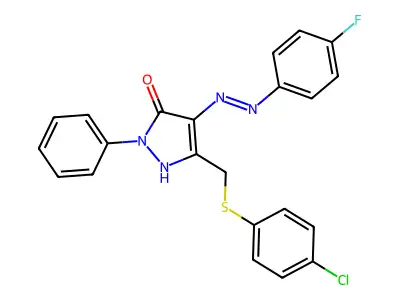 (4Z)-5-{[(4-chlorophenyl)sulfanyl]methyl}-4-[2-(4-fluorophenyl)hydrazinylidene]-2-phenyl-2,4-dihydro-3H-pyrazol-3-one structure