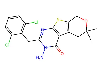 3-amino-2-(2,6-dichlorobenzyl)-6,6-dimethyl-3,5,6,8-tetrahydro-4H-pyrano[4',3':4,5]thieno[2,3-d]pyrimidin-4-one structure