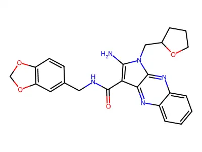 2-amino-N-(1,3-benzodioxol-5-ylmethyl)-1-(tetrahydrofuran-2-ylmethyl)-1H-pyrrolo[2,3-b]quinoxaline-3-carboxamide structure