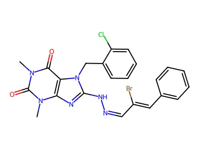 8-[((1Z,3Z)-3-bromo-4-phenyl-1-azabuta-1,3-dienyl)amino]-7-[(2-chlorophenyl)me thyl]-1,3-dimethyl-1,3,7-trihydropurine-2,6-dione structure