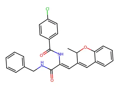 N-[(1Z)-3-(benzylamino)-1-(2-methyl-2H-chromen-3-yl)-3-oxoprop-1-en-2-yl]-4-chlorobenzamide structure