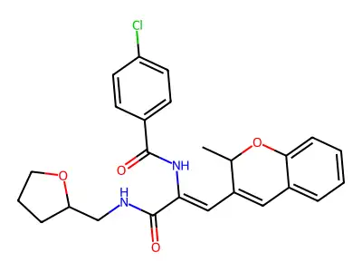 4-chloro-N-{(1Z)-1-(2-methyl-2H-chromen-3-yl)-3-oxo-3-[(tetrahydrofuran-2-ylmethyl)amino]prop-1-en-2-yl}benzamide structure