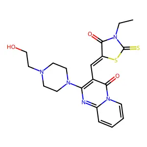 3-[(Z)-(3-ethyl-4-oxo-2-thioxo-1,3-thiazolidin-5-ylidene)methyl]-2-[4-(2-hydroxyethyl)piperazin-1-yl]-4H-pyrido[1,2-a]pyrimidin-4-one structure