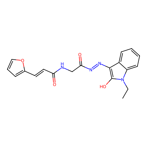 (2E)-N-{2-[(2E)-2-(1-ethyl-2-oxo-1,2-dihydro-3H-indol-3-ylidene)hydrazinyl]-2-oxoethyl}-3-(furan-2-yl)prop-2-enamide (non-preferred name) structure