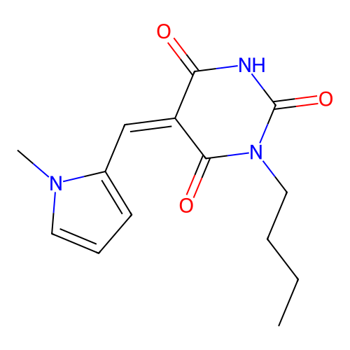 (5Z)-1-butyl-5-[(1-methyl-1H-pyrrol-2-yl)methylidene]pyrimidine-2,4,6(1H,3H,5H)-trione structure