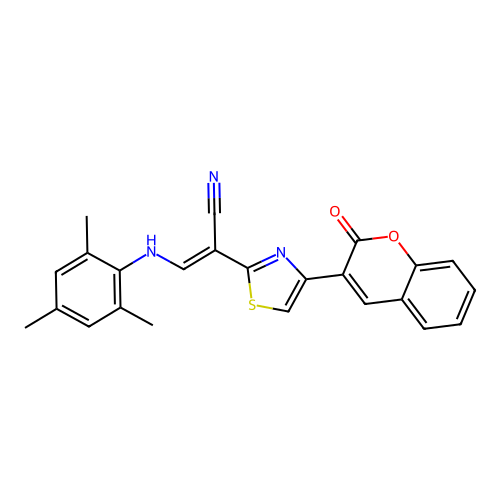 (E)-3-(mesitylamino)-2-(4-(2-oxo-2H-chromen-3-yl)thiazol-2-yl)acrylonitrile structure
