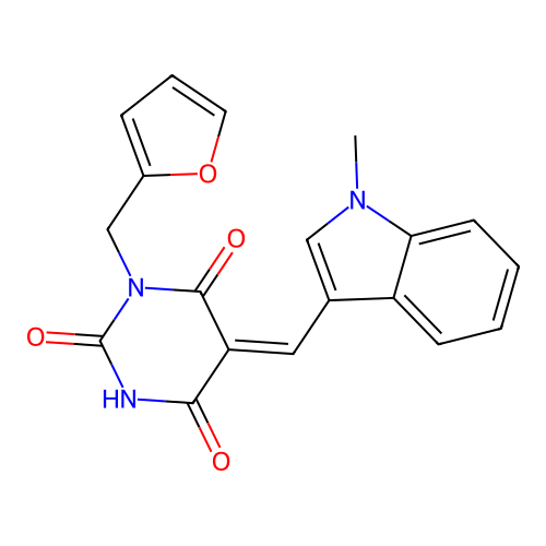 (Z)-1-(furan-2-ylmethyl)-5-((1-methyl-1H-indol-3-yl)methylene)pyrimidine-2,4,6(1H,3H,5H)-trione structure