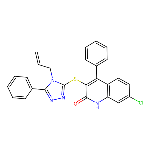 7-chloro-4-phenyl-3-[(5-phenyl-4-prop-2-enyl-1,2,4-triazol-3-yl)sulfanyl]-1H-quinolin-2-one structure