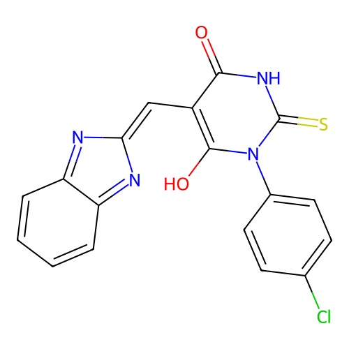 (5Z)-5-(1H-benzimidazol-2-ylmethylidene)-1-(4-chlorophenyl)-2-sulfanylidene-1,3-diazinane-4,6-dione structure