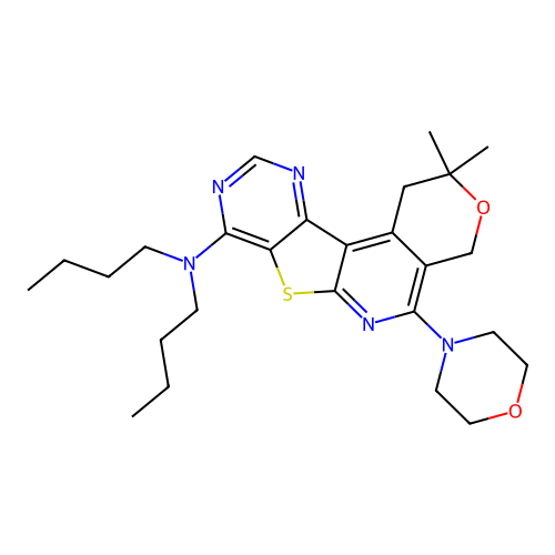 N,N-dibutyl-2,2-dimethyl-5-(morpholin-4-yl)-1,4-dihydro-2H-pyrano[4'',3'':4',5']pyrido[3',2':4,5]thieno[3,2-d]pyrimidin-8-amine structure