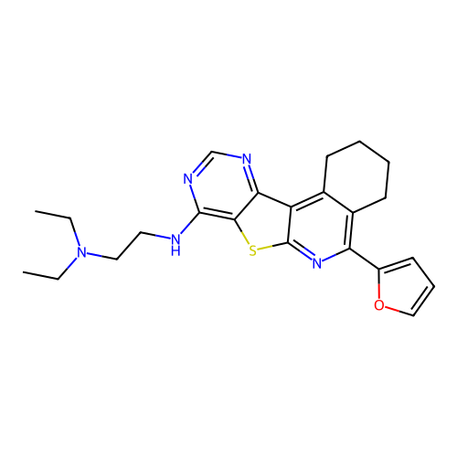 N,N-diethyl-N'-[5-(furan-2-yl)-1,2,3,4-tetrahydropyrimido[4',5':4,5]thieno[2,3-c]isoquinolin-8-yl]ethane-1,2-diamine structure