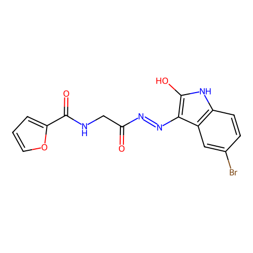 (Z)-N-(2-(2-(5-bromo-2-oxoindolin-3-ylidene)hydrazinyl)-2-oxoethyl)furan-2-carboxamide structure