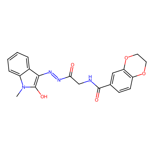 (E)-N-(2-(2-(1-methyl-2-oxoindolin-3-ylidene)hydrazinyl)-2-oxoethyl)-2,3-dihydrobenzo[b][1,4]dioxine-6-carboxamide structure