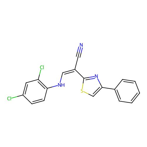 (Z)-3-((2,4-dichlorophenyl)amino)-2-(4-phenylthiazol-2-yl)acrylonitrile structure