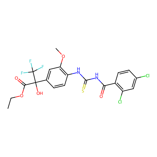 ethyl 2-(4-(3-(2,4-dichlorobenzoyl)thioureido)-3-methoxyphenyl)-3,3,3-trifluoro-2-hydroxypropanoate structure